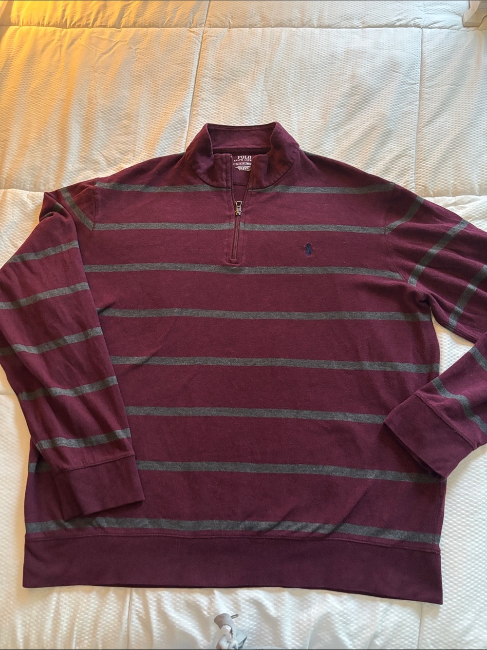 Polo by Ralph Lauren Burgundy and Gray Striped Quarter-Zip soft Sweater